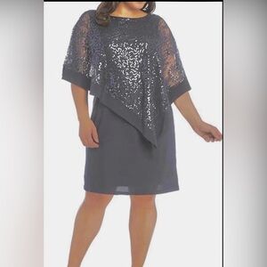 Elegant R&M Richards Gray Sequin Overlay Caped Dress
